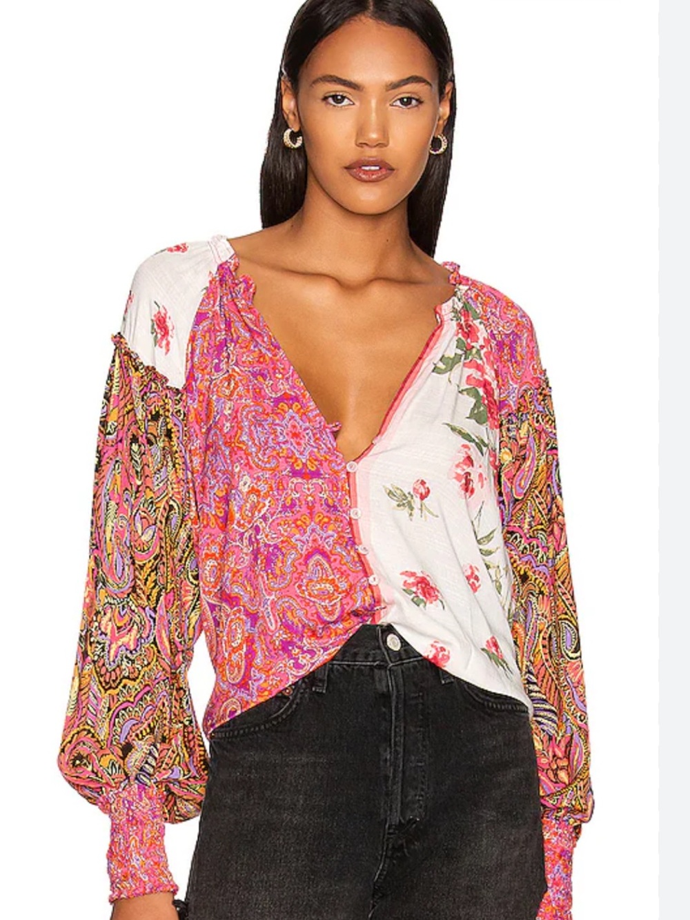 Free People Gemini Blouse Pink Patchwork Paisley & Floral Blouse